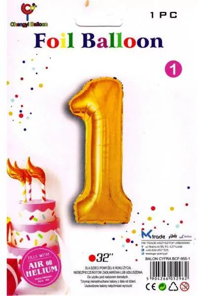 Balon foliowy złoty, cyfra 1 - tantis.pl