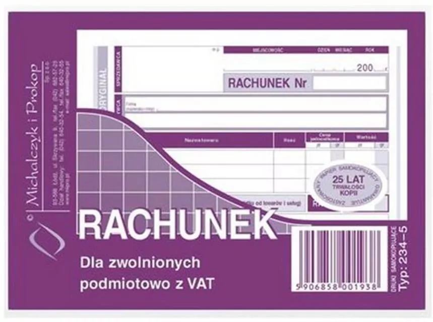 Rachunek dla zwolnionych podmiotowo z VAT 234-5 - tantis.pl