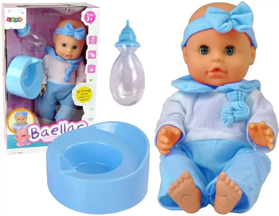 Lalka w niebieskiej piżamie pije, butelka, nocnik - tantis.pl