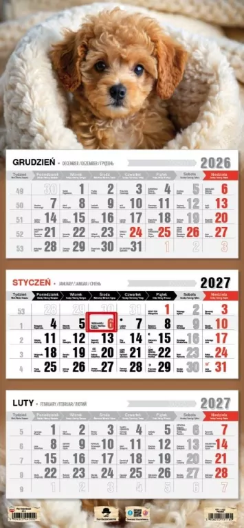 Kalendarz 2027 trójdzielny piesek - tantis.pl
