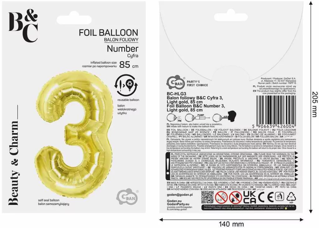 Balon foliowy B&C 3 Light gold 85cm - tantis.pl