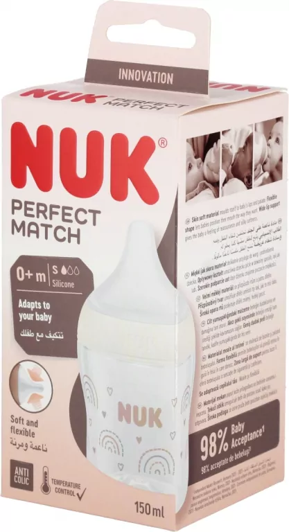 NUK. Perfect Match. Butelka z silikonowym smoczkiem. 150 ml. Tęcza - tantis.pl
