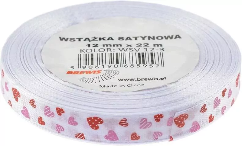 Brewis. Wstążka satynowa. Serca, biała 12mmx22m - tantis.pl