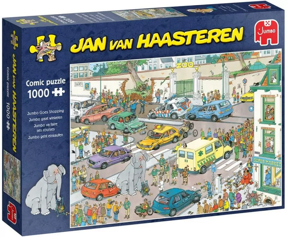 Puzzle 1000. Jan van Haasteren. Słoń na zakupach - tantis.pl