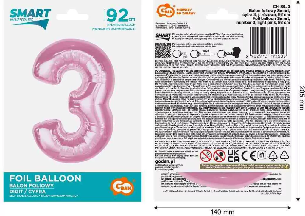Balon foliowy cyfra 3 jasnoróżowa Smart 92cm - tantis.pl