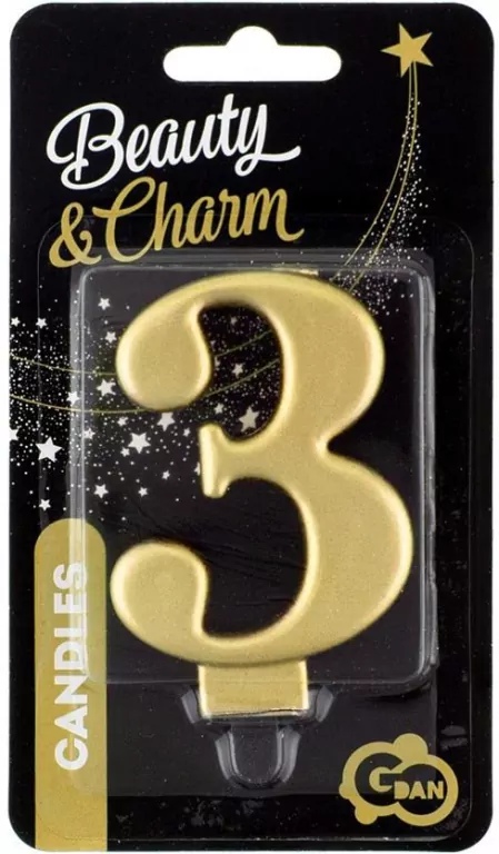 Świeczka cyferka 3 Beauty&Charm metalik złota 8cm - tantis.pl