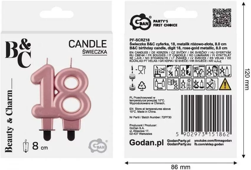 Świeczka urodzinowa 18 B&C Metalik Różowo-Złota - tantis.pl