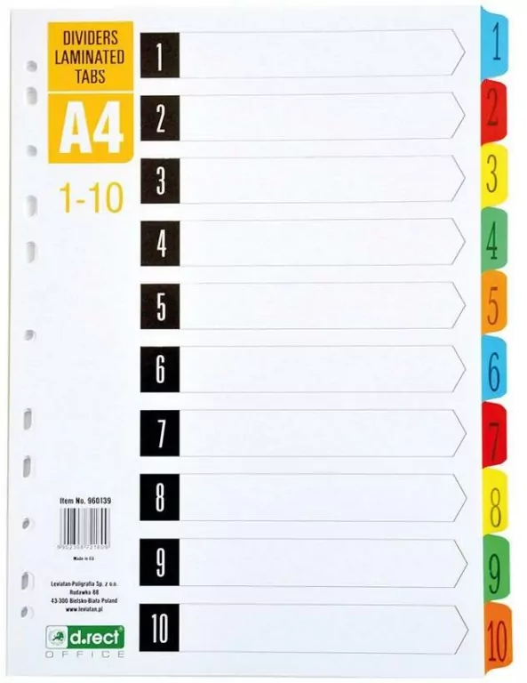 Przekładki kartonowe 1-10 index laminowany D.RECT - tantis.pl