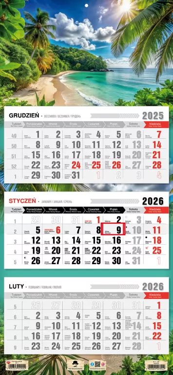 Kalendarz 2026 trójdzielny płaska główka tropiki - tantis.pl