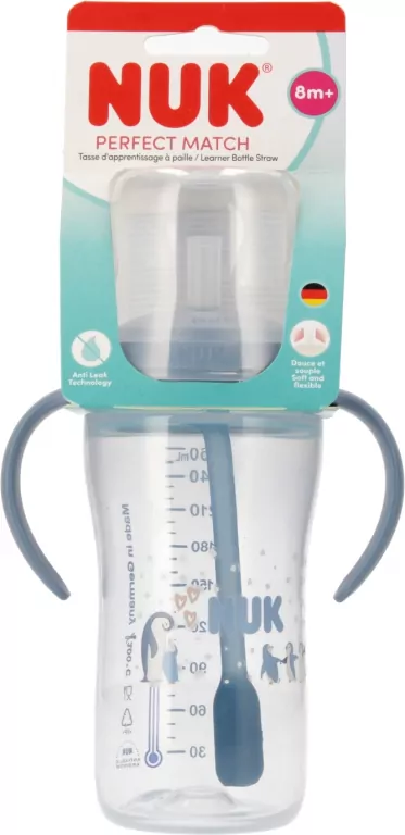 NUK. Butelka do nauki picia ze słomką. 260 ml. Pingwin - tantis.pl
