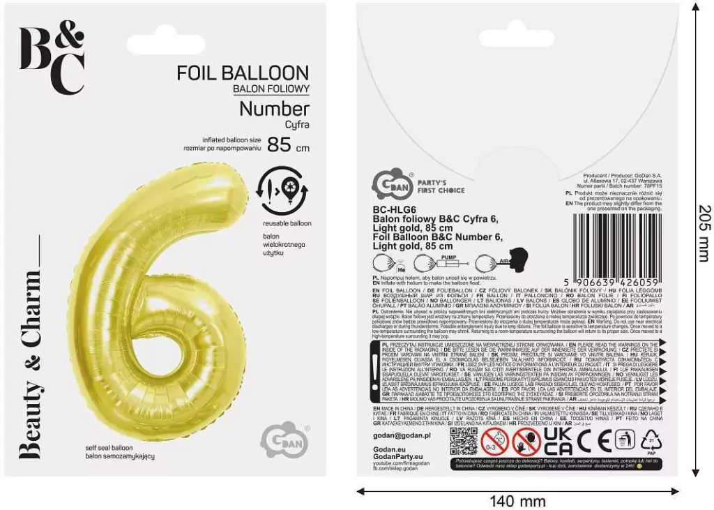 Balon foliowy B&C 6 Light gold 85cm - tantis.pl