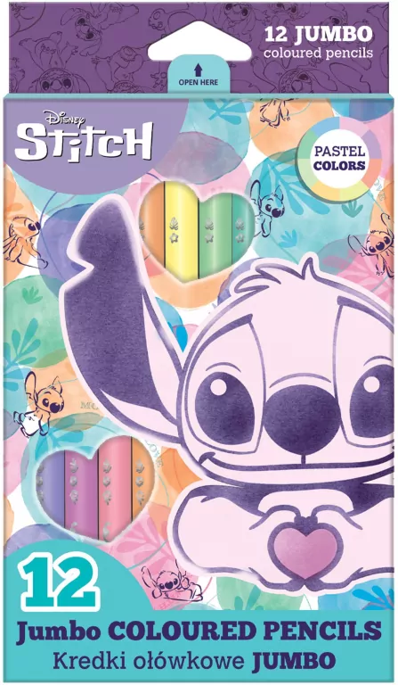 Kredki ołówkowe trójkątne Disney Fashion Jumbo 12 kolorów pastel - tantis.pl