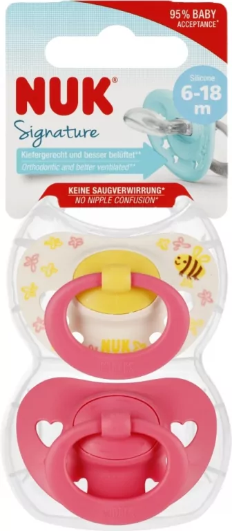 NUK. Signature. Smoczki 2 sztuki. 6-18 miesięcy. Czerwony i pszczółki - tantis.pl