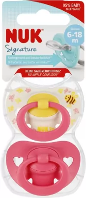 NUK. Signature. Smoczki 2 sztuki. 6-18 miesięcy. Czerwony i pszczółki