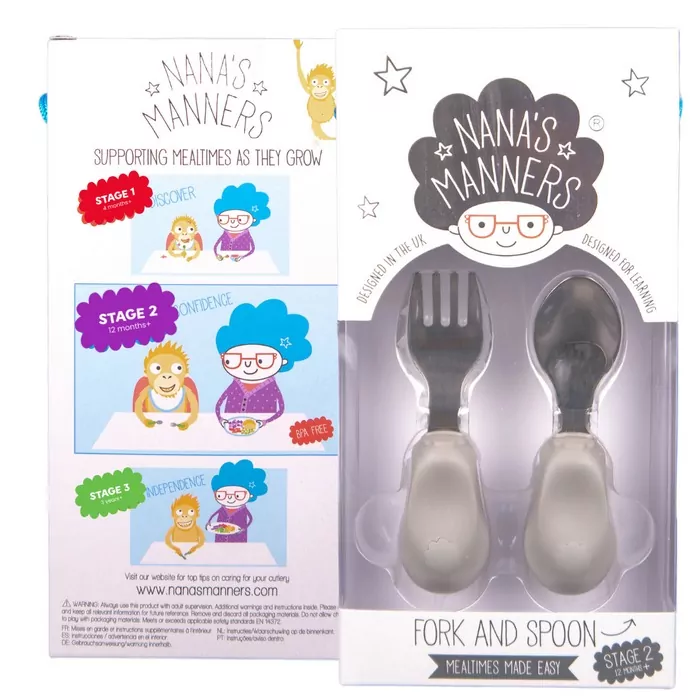 Nana's Manners Zestaw sztućców widelec i łyżka szary - tantis.pl