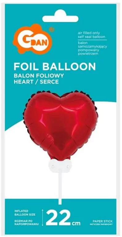 Balon foliowy Serce czerwone patyczek, zawór 22cm - tantis.pl