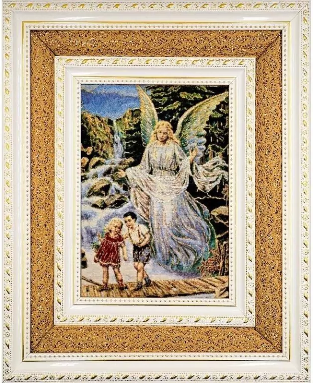 Obraz Haftowany Anioł stróż podwójna rama 38x32cm - tantis.pl
