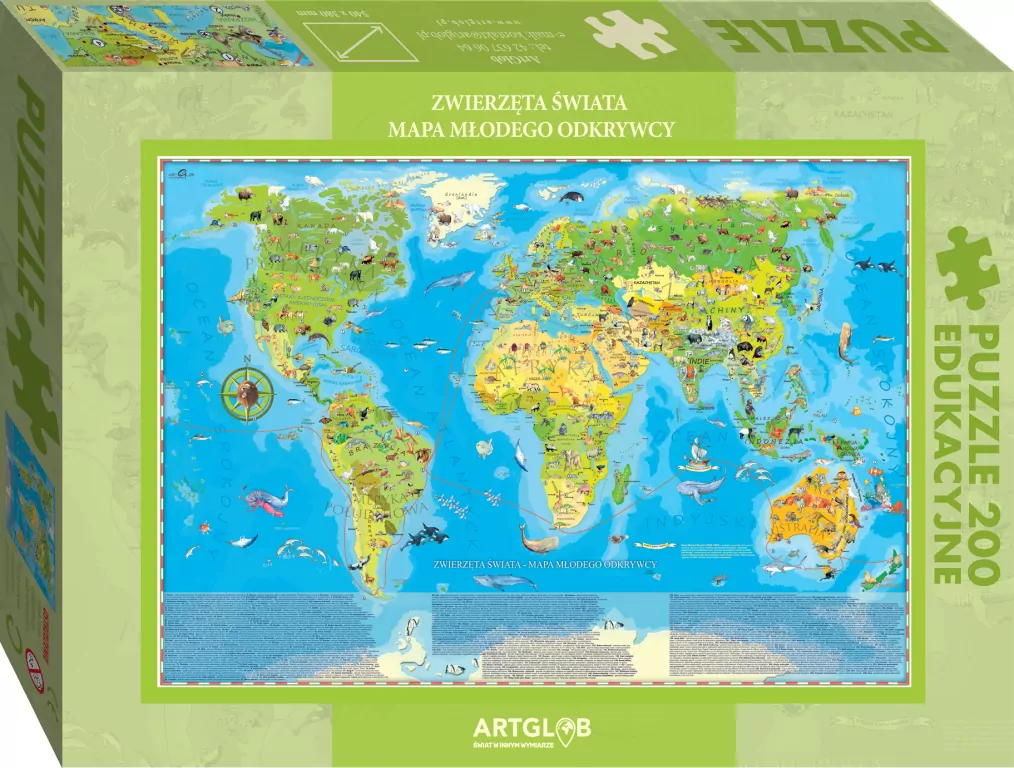 Puzzle edukacyjne 200. Zwierzęta świata. Mapa młodego odkrywcy - tantis.pl