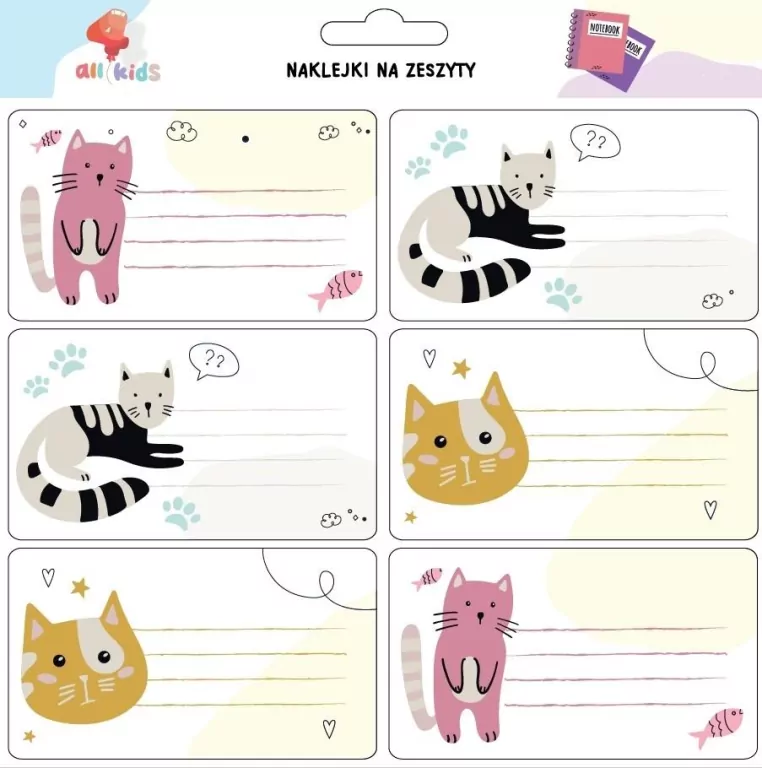 Naklejki na zeszyty. Kotki 6 sztuk - tantis.pl