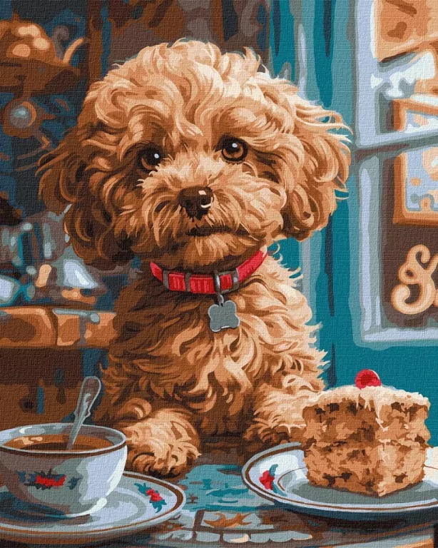 Malowanie po numerach. Maltipoo w kawiarni - tantis.pl