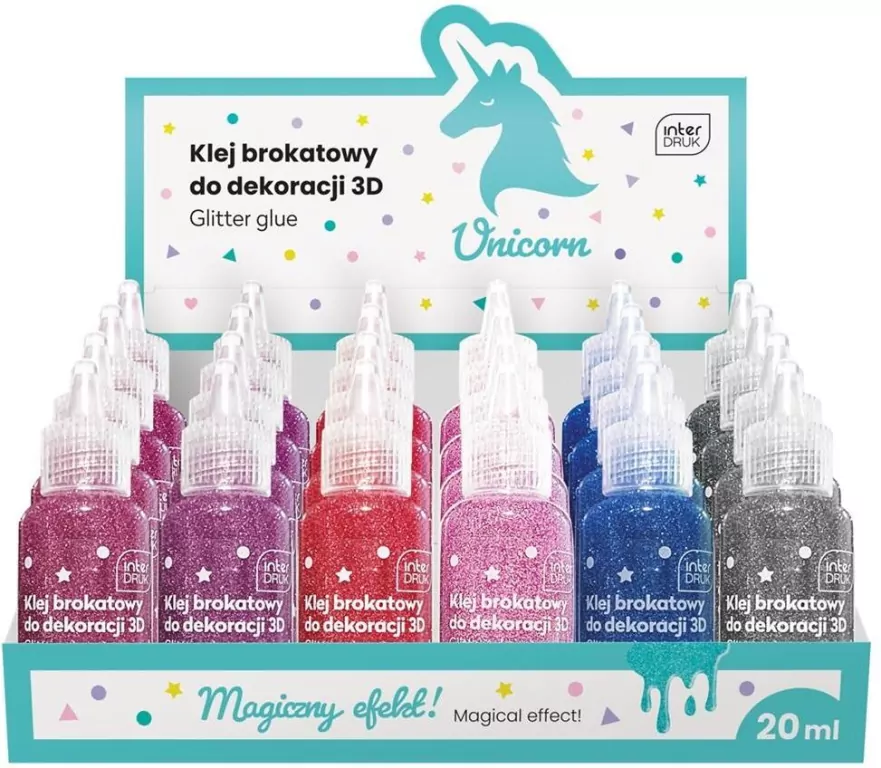 Klej do dekoracji brokatowy 20ml. Unicorn. 24 sztuki - tantis.pl