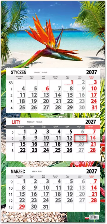 Kalendarz 2027 trójdzielny płaska główka Tropiki - tantis.pl