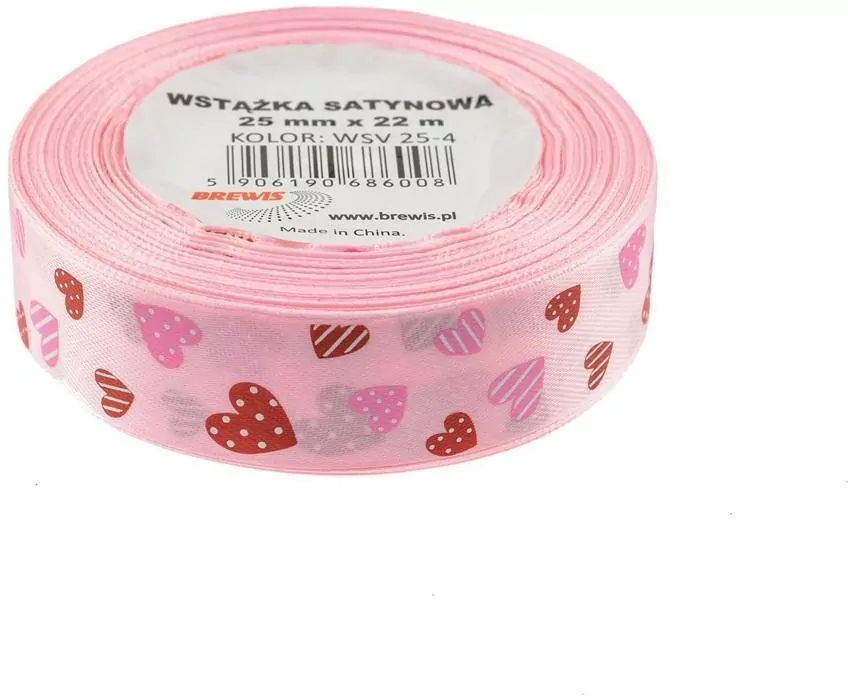 Wstążka satynowa w serca różowa 25mmx22m - tantis.pl
