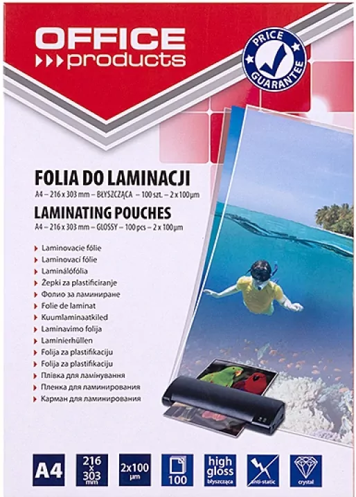 Folia do laminacji Office Products A4 216x303mm błyszcząca 100 sztuk transparentna - tantis.pl