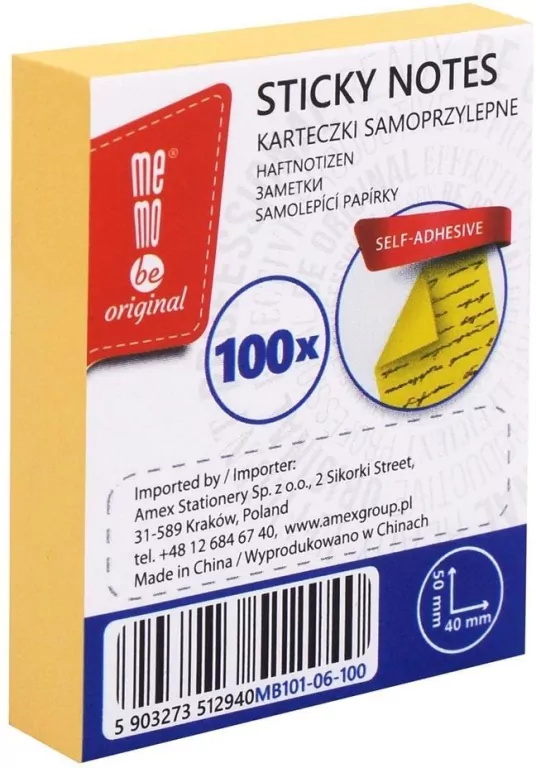 MemoBe. Bloczek samoprzylepny 40x50mm 100K, żółty - tantis.pl