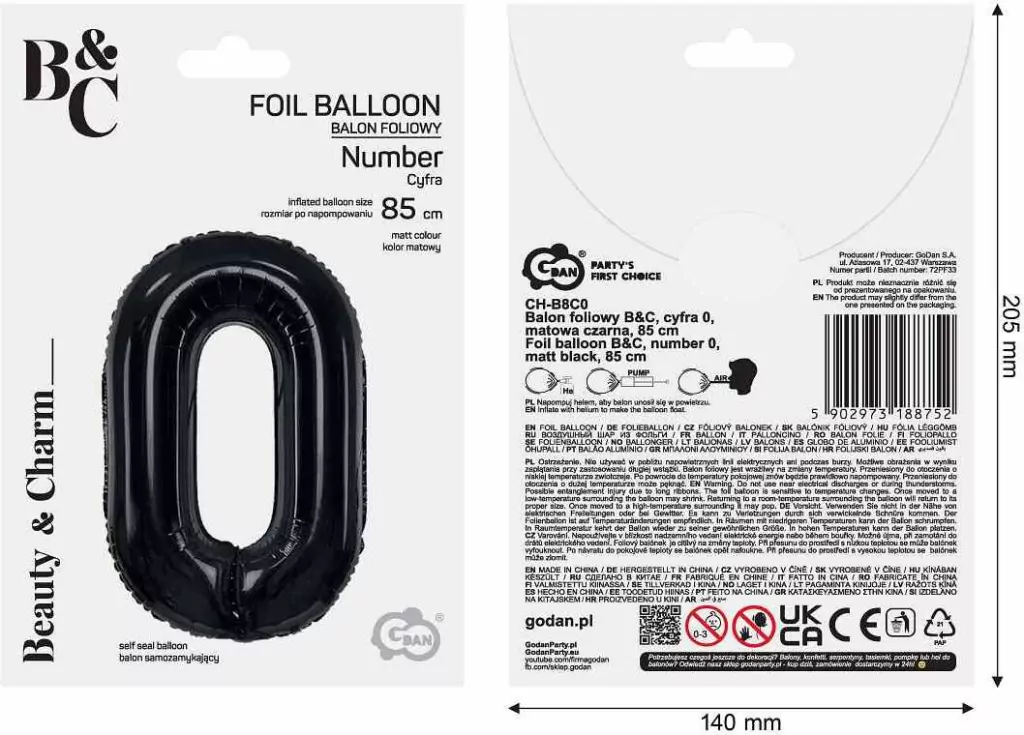 Balon foliowy B&C cyfra 0 matowa czarna 85cm - tantis.pl
