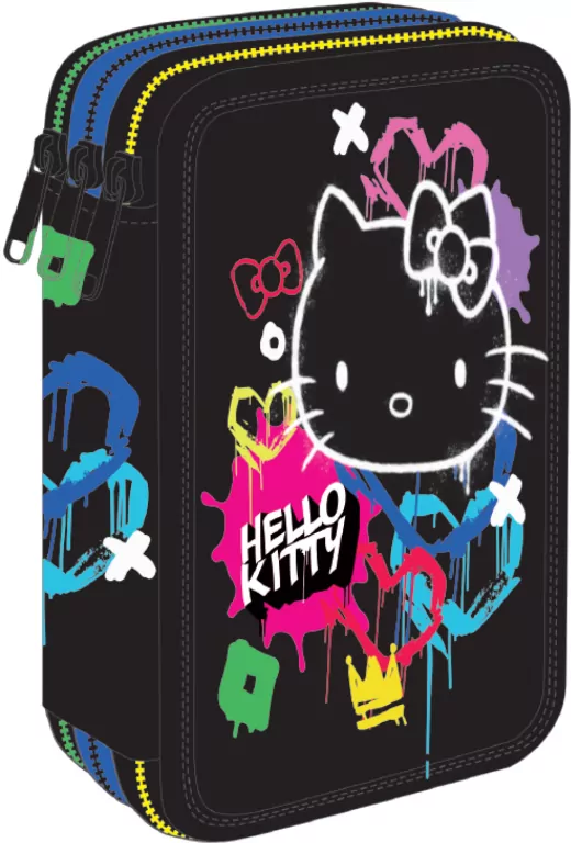 Piórnik potrójny z wyposażeniem Hello Kitty Jumper 3 Black Neon - tantis.pl