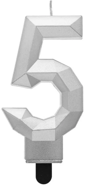 Świeczka cyferka 5 - Diament metalik srebrny 7,6cm - tantis.pl