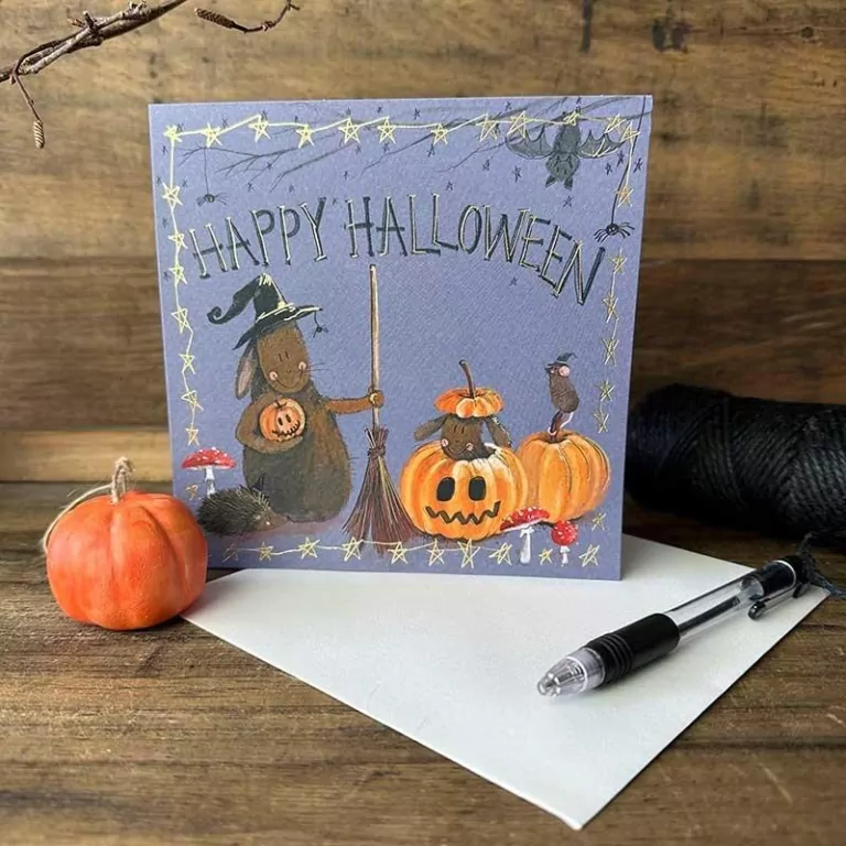 Karnet Halloween kwadrat Króliki i dynie - tantis.pl