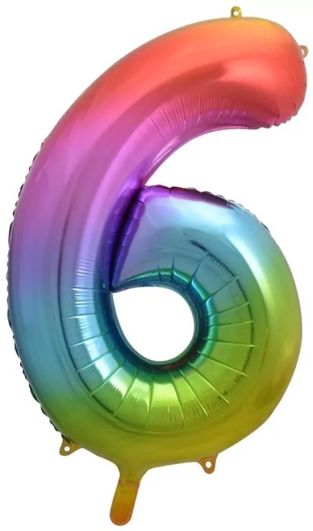 Balon foliowy. Cyfra 6. Tęczowy 85cm - tantis.pl