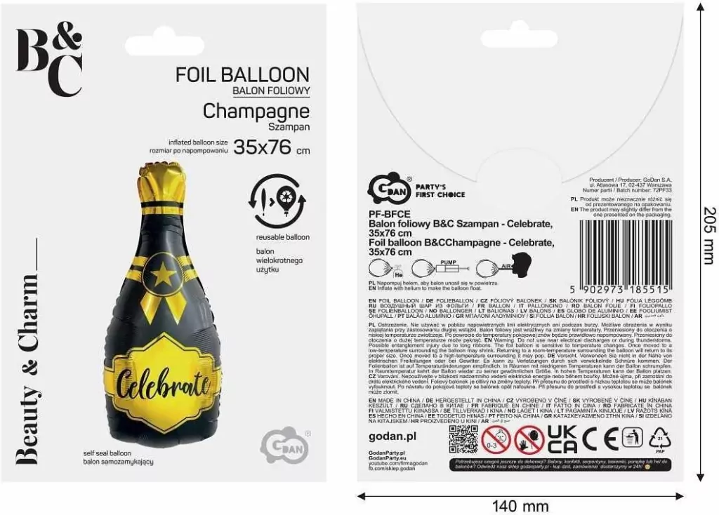 Balon foliowy B&C Szampan Celebrate 35x76cm - tantis.pl