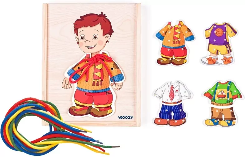 Drewniana układanka Chłopiec do przebierania Przeplatanka 90018 Woody - tantis.pl