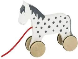 Drewniany konik czarno-biały do ciągnięcia.