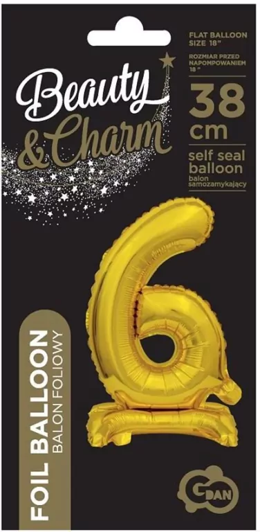 Balon foliowy B&C Cyfra stojaca "6" złota 38cm - tantis.pl