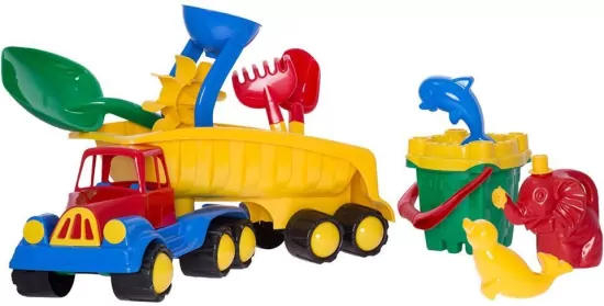 Samochód z naczepą z wiaderkiem zamek