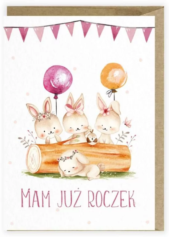Kartka urodzinowa. Roczek. Zajączki - tantis.pl