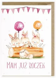 Kartka urodzinowa. Roczek. Zajączki