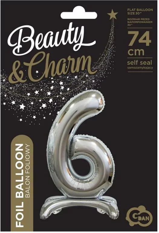 Balon foliowy 6, stojący, srebrny, 74 cm - tantis.pl