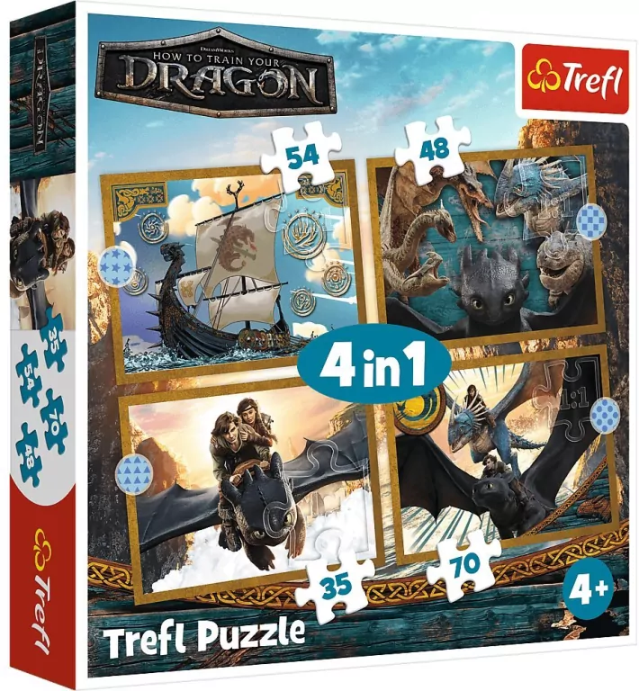 Puzzle 4w1 Jak wytresować smoka, Smocze dni TREFL - tantis.pl