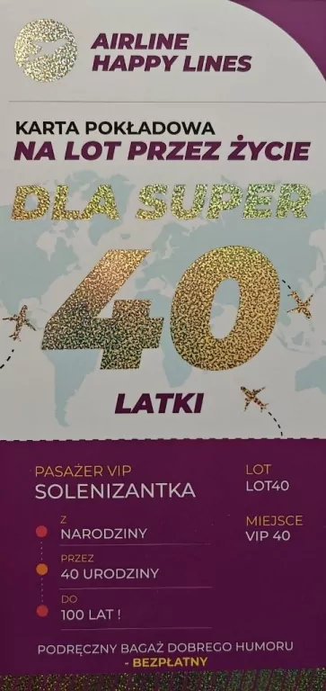 Karnet karta pokładowa 40 urodziny damskie - tantis.pl