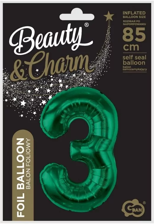 Balon foliowy. Cyfra 3. Zieleń butelkowa 85cm - tantis.pl