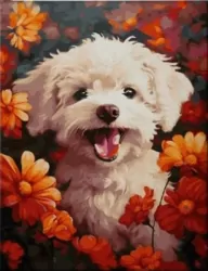 Diamentowa mozaika Piesek w kwiatach 30x40cm 1009987