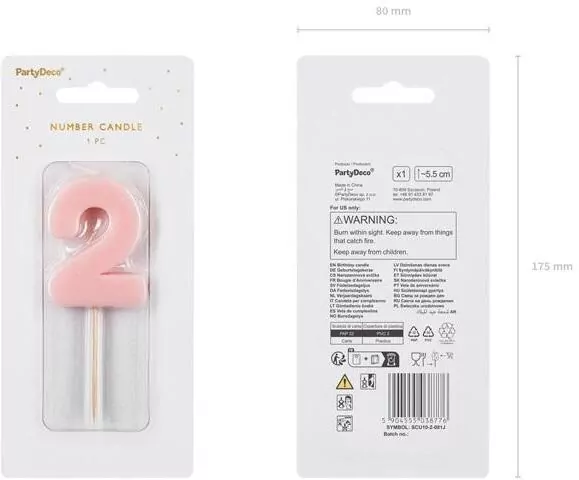 Świeczka urodzinowa cyfra 2 jasno różowa 5,5cm - tantis.pl
