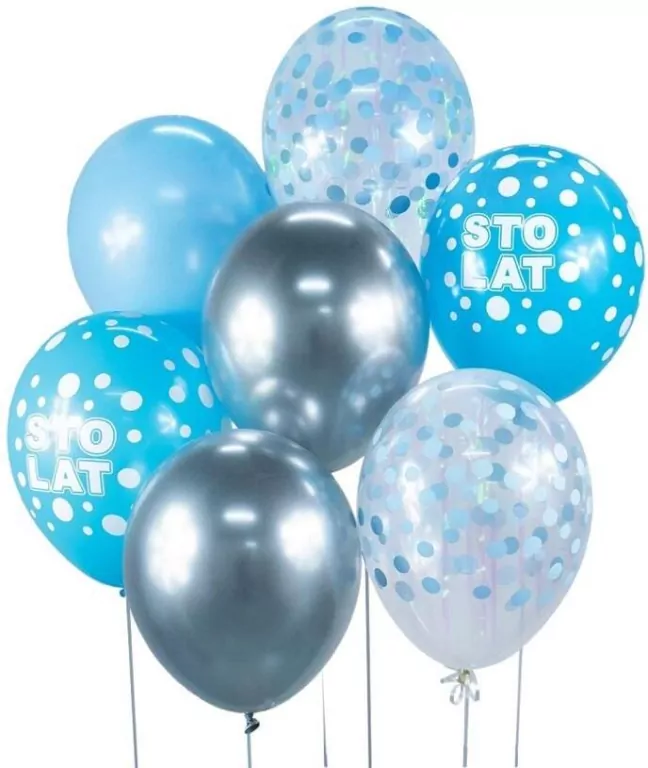 Bukiet balonowy. Beauty&Charm. Srebrno-niebieski STO LAT, 7 szt. 30 cm - tantis.pl