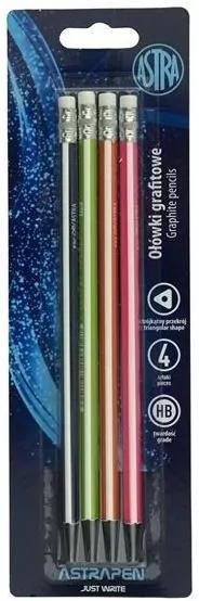 Ołówki grafitowe. Astra z czarnego drewna z gumką blister, 4 sztuki - tantis.pl