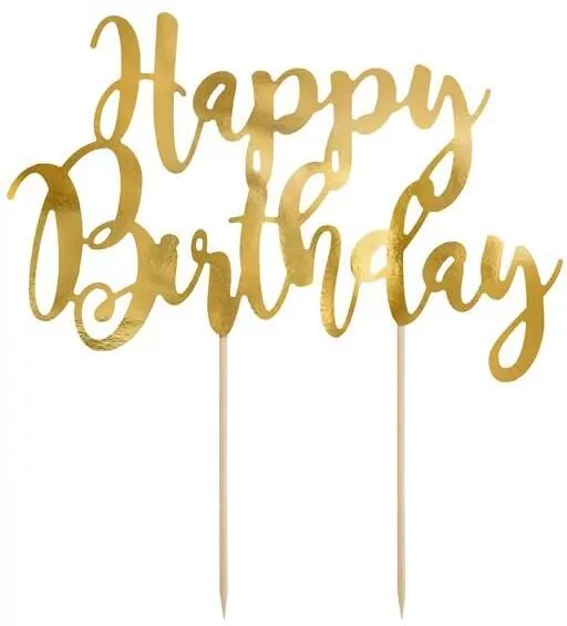Topper na tort. Happy Birthday. Złoty 22,5cm - tantis.pl